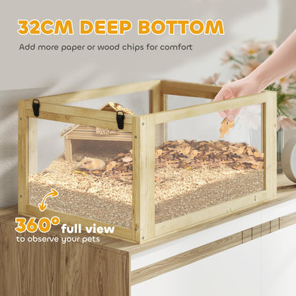 Wooden Hamster Cage 60x40x75cm with Detachable 32cm Deep Bottom, Hut, Seesaw, Exercise Wheel, Ramps - Natural Wood Finish