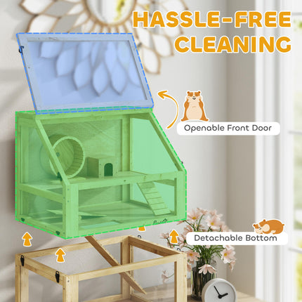 Wooden Hamster Cage 60x40x75cm with Detachable 32cm Deep Bottom, Hut, Seesaw, Exercise Wheel, Ramps - Natural Wood Finish