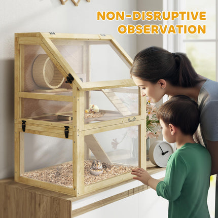 Wooden Hamster Cage 60x40x75cm with Detachable 32cm Deep Bottom, Hut, Seesaw, Exercise Wheel, Ramps - Natural Wood Finish