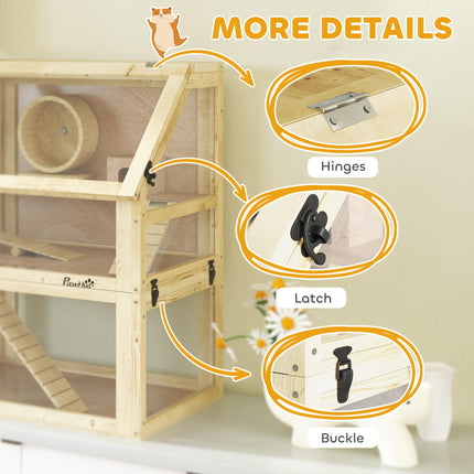 Wooden Hamster Cage 60x40x75cm with Detachable 32cm Deep Bottom, Hut, Seesaw, Exercise Wheel, Ramps - Natural Wood Finish