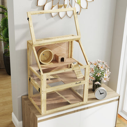 Wooden Hamster Cage 60x40x75cm with Detachable 32cm Deep Bottom, Hut, Seesaw, Exercise Wheel, Ramps - Natural Wood Finish