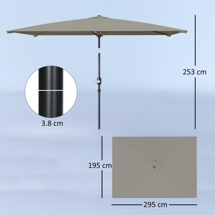 3x2m Rectangular Patio Parasol with Aluminium Tilt Crank Sun Shade - Light Grey