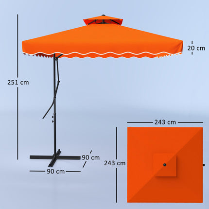 2.5m Cantilever Parasol with Easy Lever, Square Double Top Garden Parasol Umbrella with Ruffles and Cross Base, Overhanging Outdoor Sun Shades, Orange