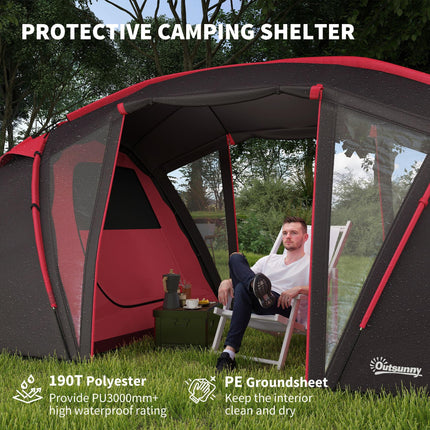 4-6 Man Family Camping Tent w/ 2 Bedrooms and a Living Room, Waterproof Tunnel Tent w/ Sewn In Groundsheet, Doors, Windows, Carry Bag, Grey