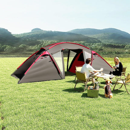 4-6 Man Family Camping Tent w/ 2 Bedrooms and a Living Room, Waterproof Tunnel Tent w/ Sewn In Groundsheet, Doors, Windows, Carry Bag, Grey