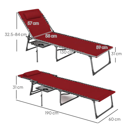Five-Position Reclining Sun Lounger with Side Table and Pillow - Red