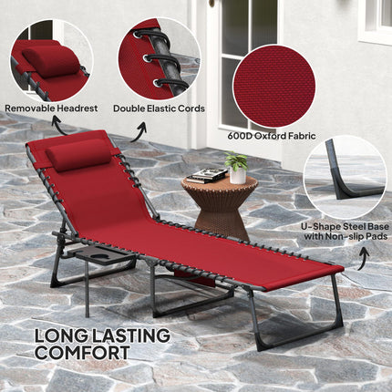Five-Position Reclining Sun Lounger with Side Table and Pillow - Red