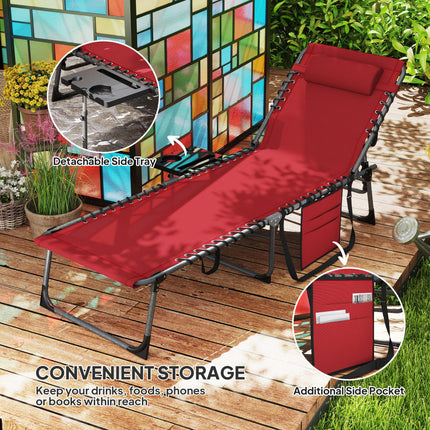 Five-Position Reclining Sun Lounger with Side Table and Pillow - Red