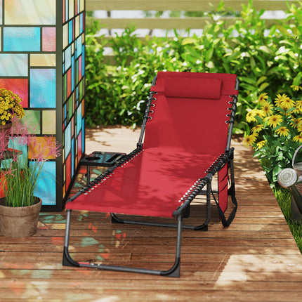 Five-Position Reclining Sun Lounger with Side Table and Pillow - Red