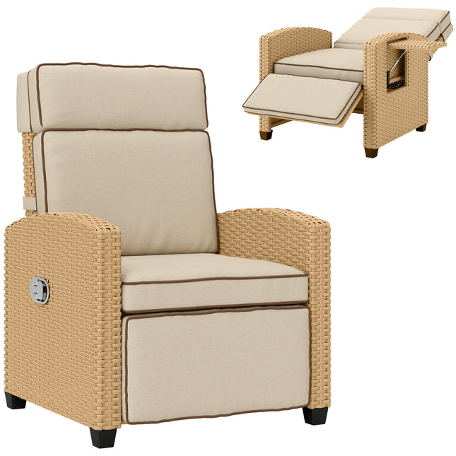 Adjustable Rattan Garden Recliner Chair with Cushion, Footrest & Flip Table - Khaki/Beige