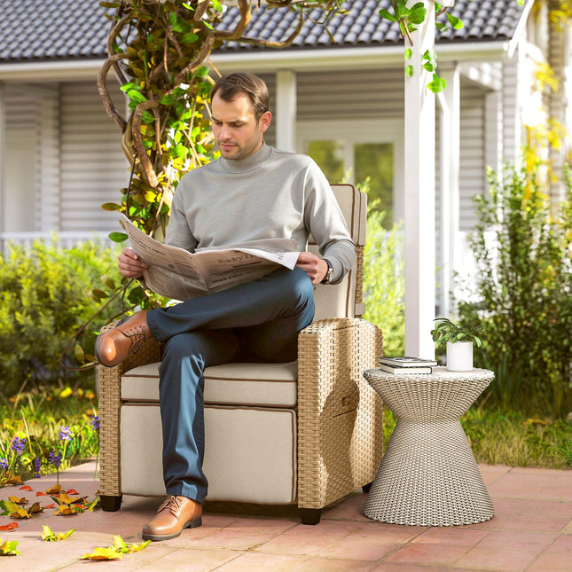 Adjustable Rattan Garden Recliner Chair with Cushion, Footrest & Flip Table - Khaki/Beige