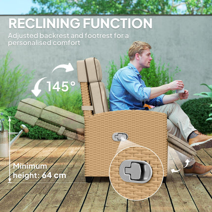 Adjustable Rattan Garden Recliner Chair with Cushion, Footrest & Flip Table - Khaki/Beige