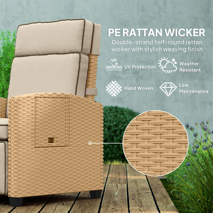 Adjustable Rattan Garden Recliner Chair with Cushion, Footrest & Flip Table - Khaki/Beige