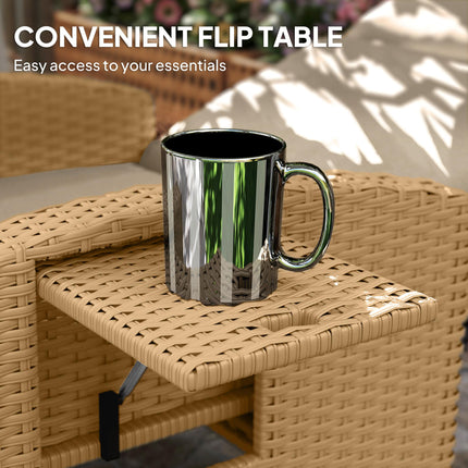 Adjustable Rattan Garden Recliner Chair with Cushion, Footrest & Flip Table - Khaki/Beige