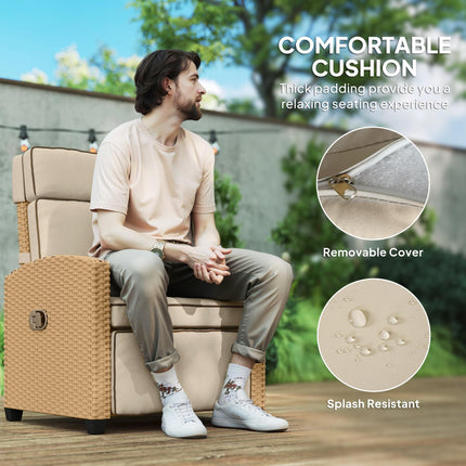 Adjustable Rattan Garden Recliner Chair with Cushion, Footrest & Flip Table - Khaki/Beige