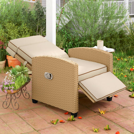 Adjustable Rattan Garden Recliner Chair with Cushion, Footrest & Flip Table - Khaki/Beige