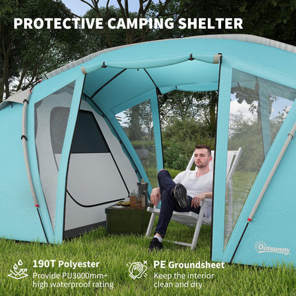 4-6 Man Family Camping Tent w/ 2 Bedrooms and a Living Room, Waterproof Tunnel Tent w/ Sewn In Groundsheet, Doors, Windows, Carry Bag, Blue