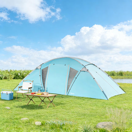 4-6 Man Family Camping Tent w/ 2 Bedrooms and a Living Room, Waterproof Tunnel Tent w/ Sewn In Groundsheet, Doors, Windows, Carry Bag, Blue
