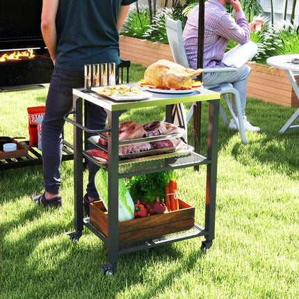 Three-Shelf Outdoor Grill Cart with Stainless Steel Top, 4 Wheels, 3 Hooks, Movable Kitchen Island - Silver Tone