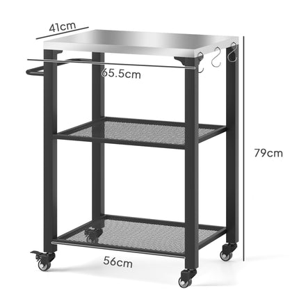 Three-Shelf Outdoor Grill Cart with Stainless Steel Top, 4 Wheels, 3 Hooks, Movable Kitchen Island - Silver Tone