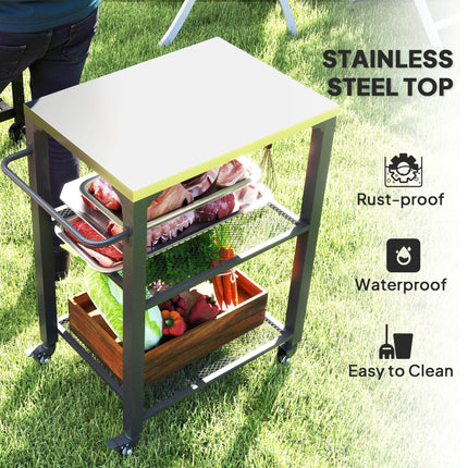 Three-Shelf Outdoor Grill Cart with Stainless Steel Top, 4 Wheels, 3 Hooks, Movable Kitchen Island - Silver Tone