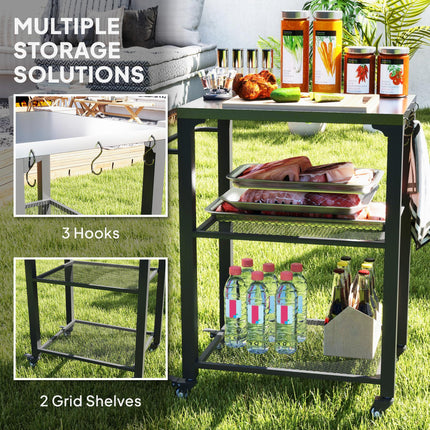 Three-Shelf Outdoor Grill Cart with Stainless Steel Top, 4 Wheels, 3 Hooks, Movable Kitchen Island - Silver Tone