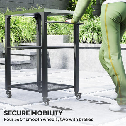 Three-Shelf Outdoor Grill Cart with Stainless Steel Top, 4 Wheels, 3 Hooks, Movable Kitchen Island - Silver Tone