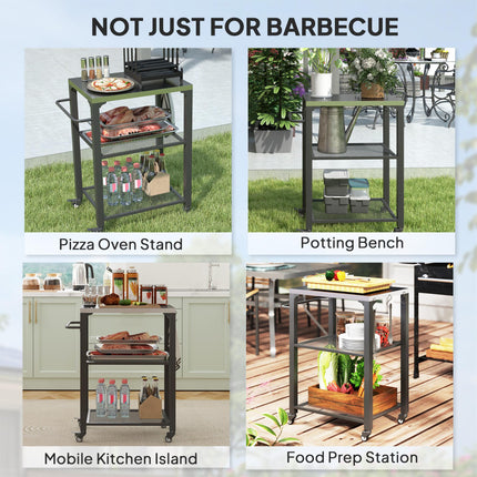 Three-Shelf Outdoor Grill Cart with Stainless Steel Top, 4 Wheels, 3 Hooks, Movable Kitchen Island - Silver Tone
