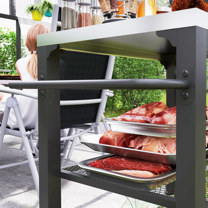 Three-Shelf Outdoor Grill Cart with Stainless Steel Top, 4 Wheels, 3 Hooks, Movable Kitchen Island - Silver Tone