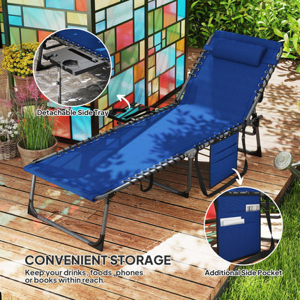 Five-Position Reclining Sun Lounger with Side Table and Pillow - Dark Blue