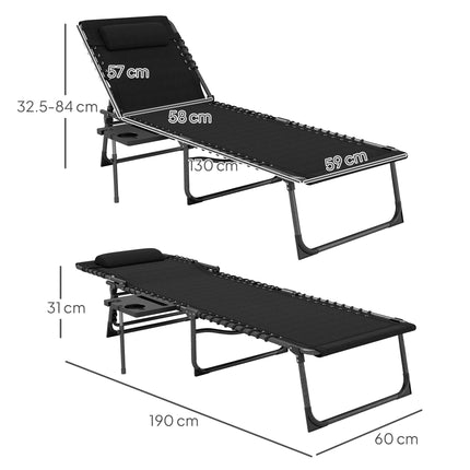 Five-Position Adjustable Reclining Sun Lounger with Side Table and Pillow - Black