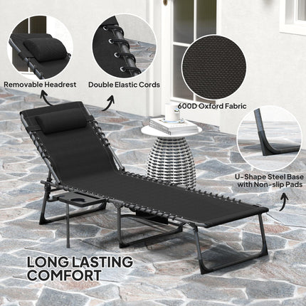 Five-Position Adjustable Reclining Sun Lounger with Side Table and Pillow - Black