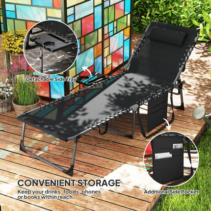 Five-Position Adjustable Reclining Sun Lounger with Side Table and Pillow - Black