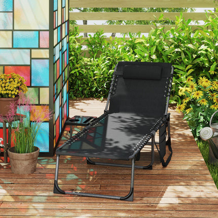 Five-Position Adjustable Reclining Sun Lounger with Side Table and Pillow - Black
