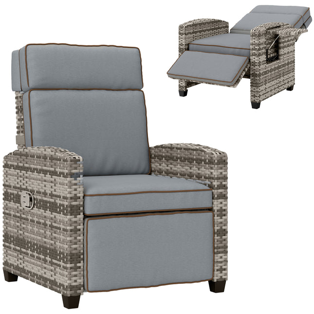 Adjustable Rattan Garden Recliner Chair with Flip Table, Cushion & Footrest - Mixed Grey/Grey