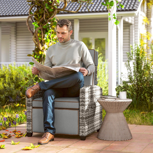 Adjustable Rattan Garden Recliner Chair with Flip Table, Cushion & Footrest - Mixed Grey/Grey