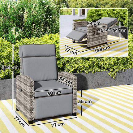 Adjustable Rattan Garden Recliner Chair with Flip Table, Cushion & Footrest - Mixed Grey/Grey