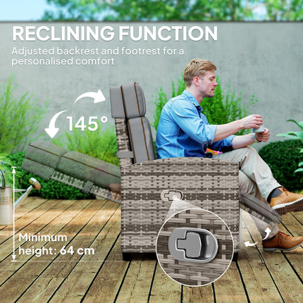 Adjustable Rattan Garden Recliner Chair with Flip Table, Cushion & Footrest - Mixed Grey/Grey