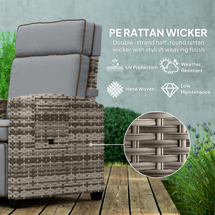 Adjustable Rattan Garden Recliner Chair with Flip Table, Cushion & Footrest - Mixed Grey/Grey