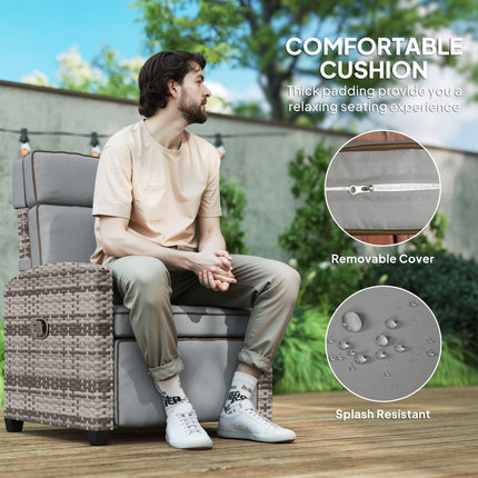 Adjustable Rattan Garden Recliner Chair with Flip Table, Cushion & Footrest - Mixed Grey/Grey