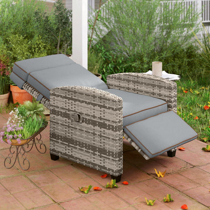Adjustable Rattan Garden Recliner Chair with Flip Table, Cushion & Footrest - Mixed Grey/Grey