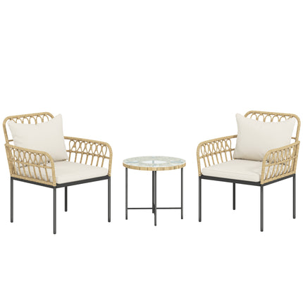 3 Piece Rattan Bistro Set, Wicker Garden Furniture Set with Cushions, Glass Top Coffee Table and Chairs for Outdoor, Patio, Balcony, Beige