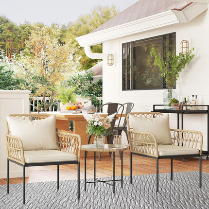3 Piece Rattan Bistro Set, Wicker Garden Furniture Set with Cushions, Glass Top Coffee Table and Chairs for Outdoor, Patio, Balcony, Beige
