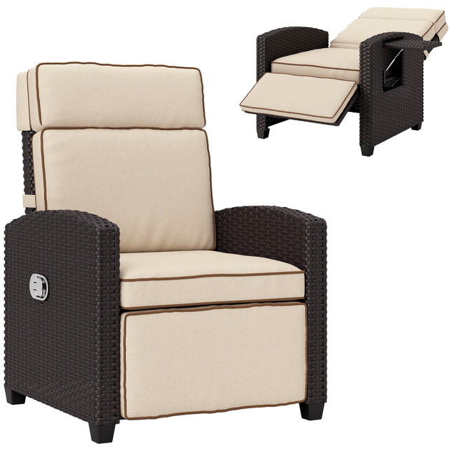 Adjustable Rattan Garden Recliner Chair with Cushion, Footrest & Flip Table - Dark Brown/Khaki