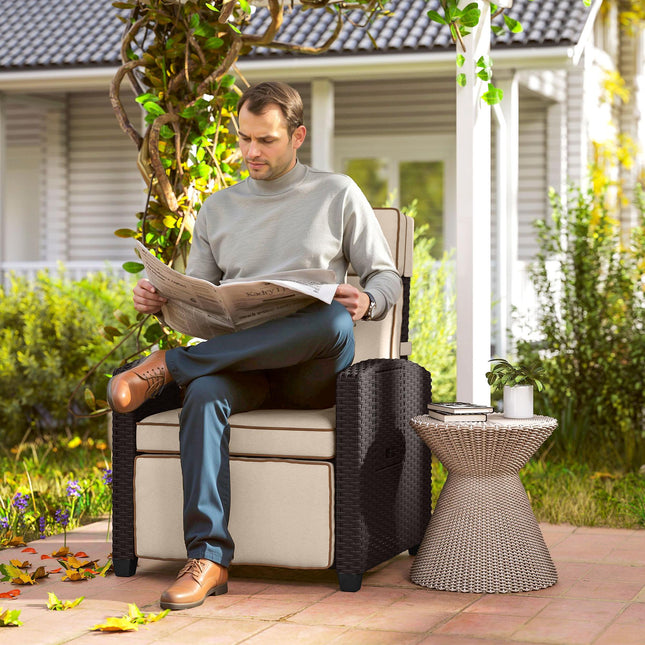 Adjustable Rattan Garden Recliner Chair with Cushion, Footrest & Flip Table - Dark Brown/Khaki