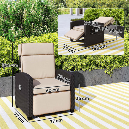 Adjustable Rattan Garden Recliner Chair with Cushion, Footrest & Flip Table - Dark Brown/Khaki