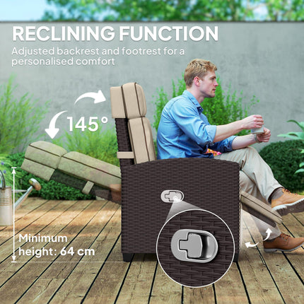 Adjustable Rattan Garden Recliner Chair with Cushion, Footrest & Flip Table - Dark Brown/Khaki