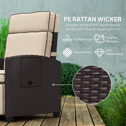 Adjustable Rattan Garden Recliner Chair with Cushion, Footrest & Flip Table - Dark Brown/Khaki
