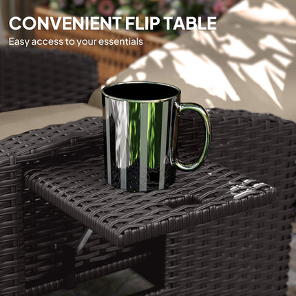 Adjustable Rattan Garden Recliner Chair with Cushion, Footrest & Flip Table - Dark Brown/Khaki