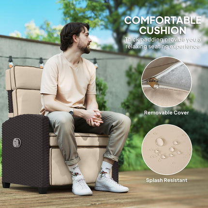 Adjustable Rattan Garden Recliner Chair with Cushion, Footrest & Flip Table - Dark Brown/Khaki